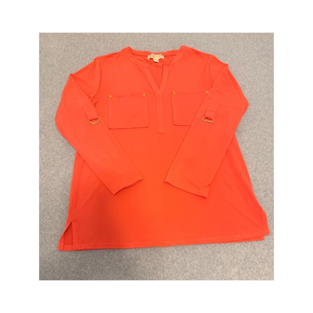 Michael Kors Coral Orange‎ Split V-Neck Tunic Top Gold Hardware Womens Medium
